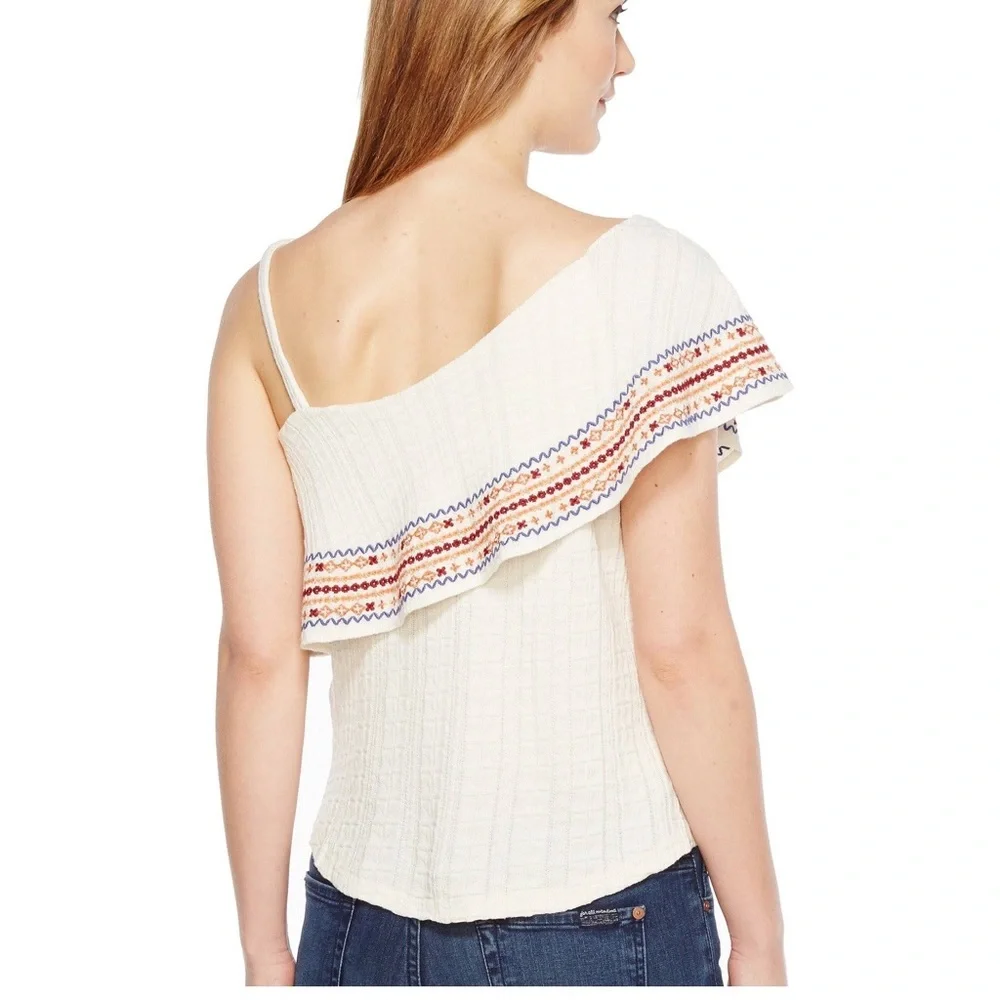 Lucky brand cream one shoulder boho embroidered shirt - Picture 2 of 6
